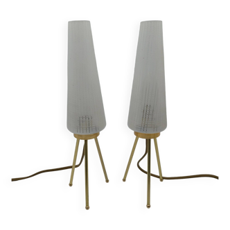 Pair of vintage brass tripod lamps and chiseled glass tulip