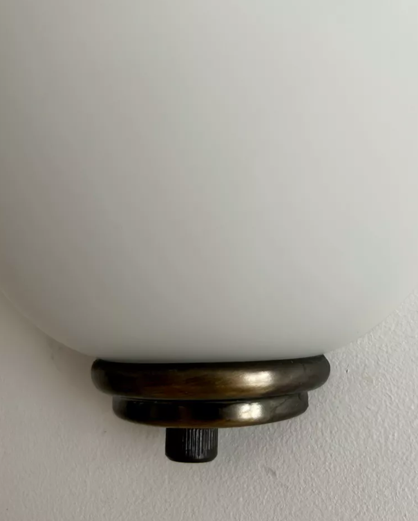 Vintage Vianne glass wall lamps, opaline and brass, Domec France 1970