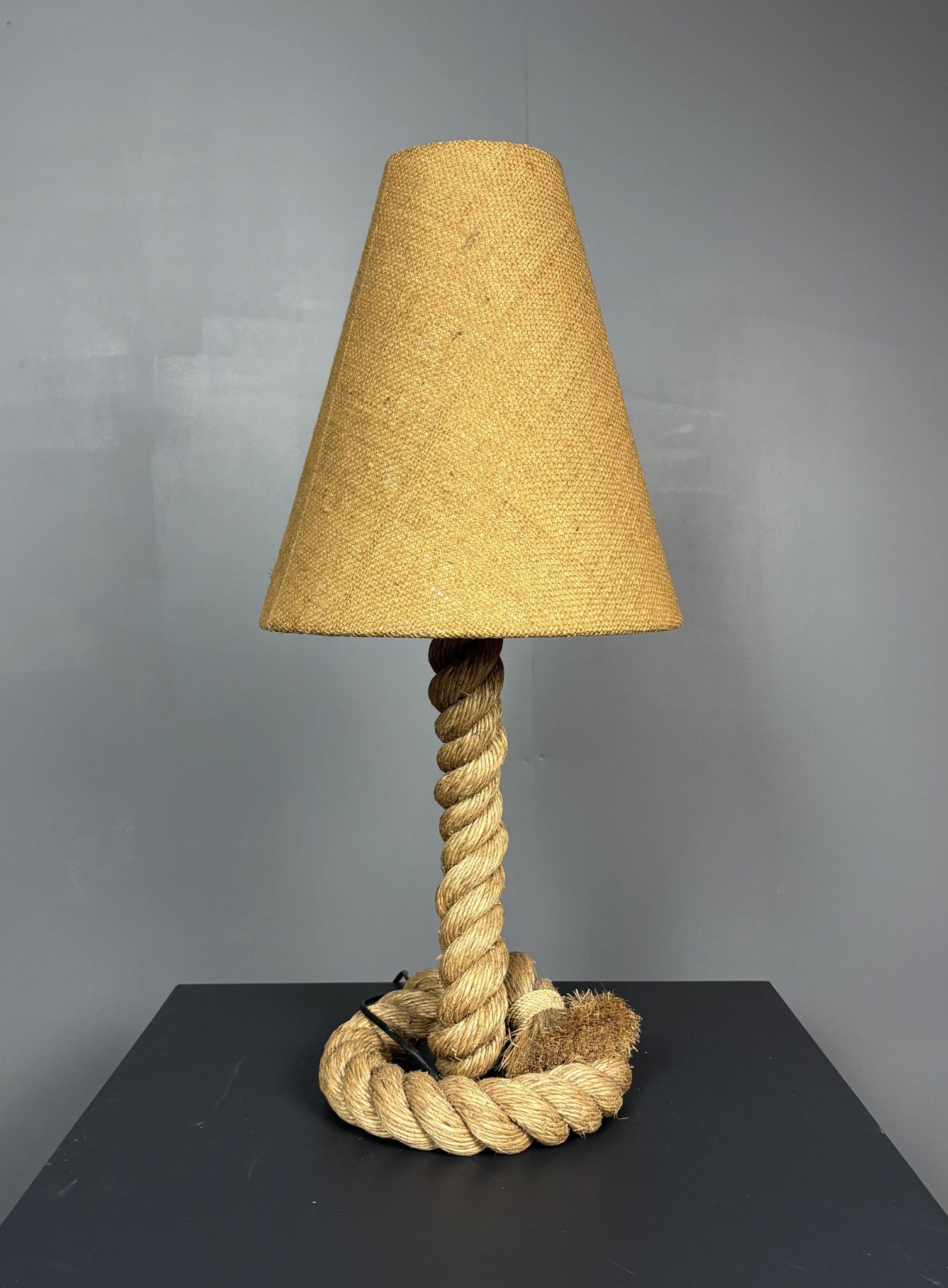 Midcentury French brutalist rope table lamp in the style of Audoux & Minet