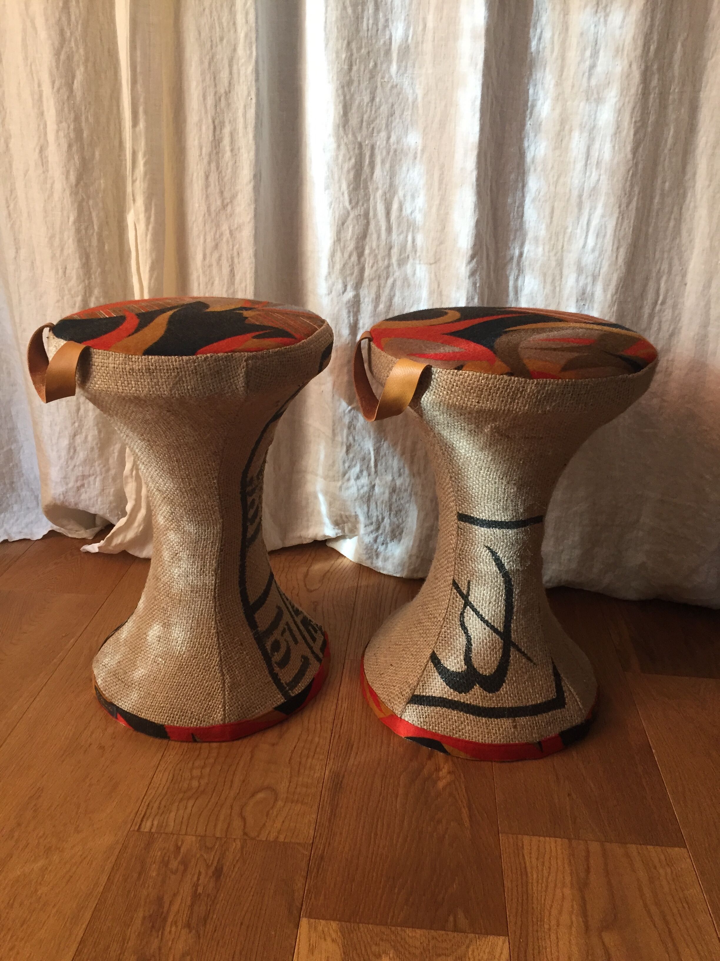 2 Tam-Tam stools dressed in burlap and original vintage fabric