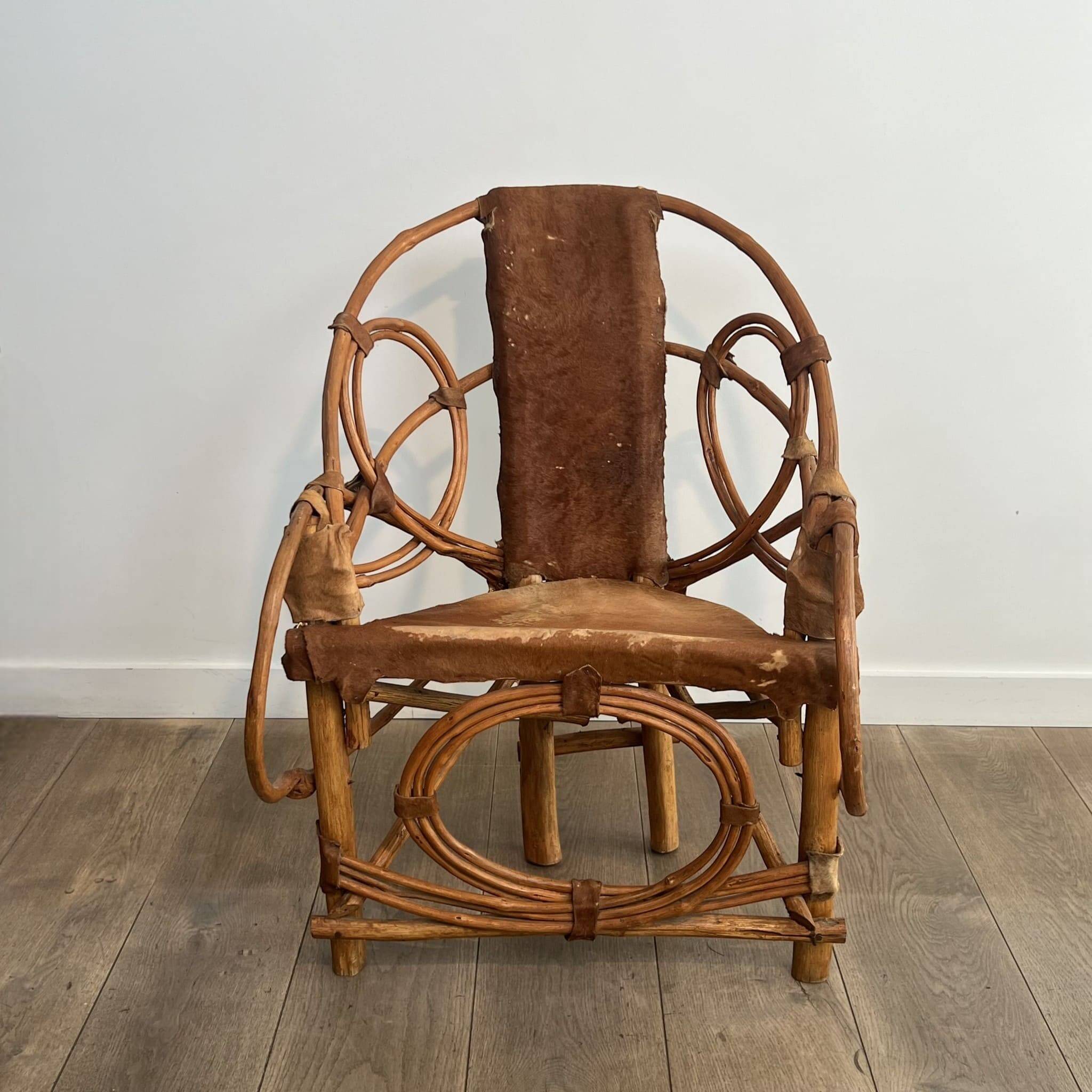 Organic Modernist Armchair in Rattan and Cowhide, Italian Work, A