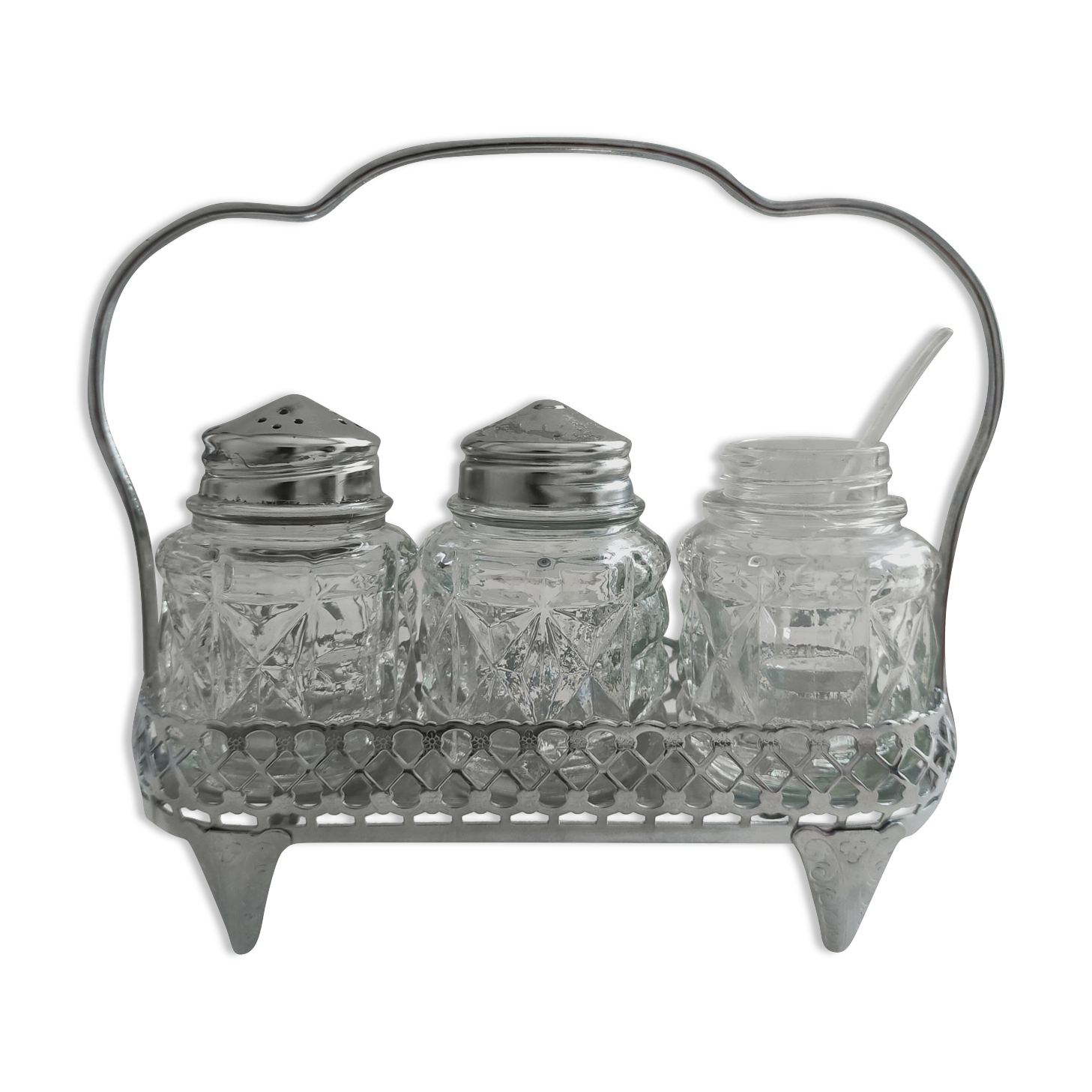 Pepper and mustard salt shaker in silver panière