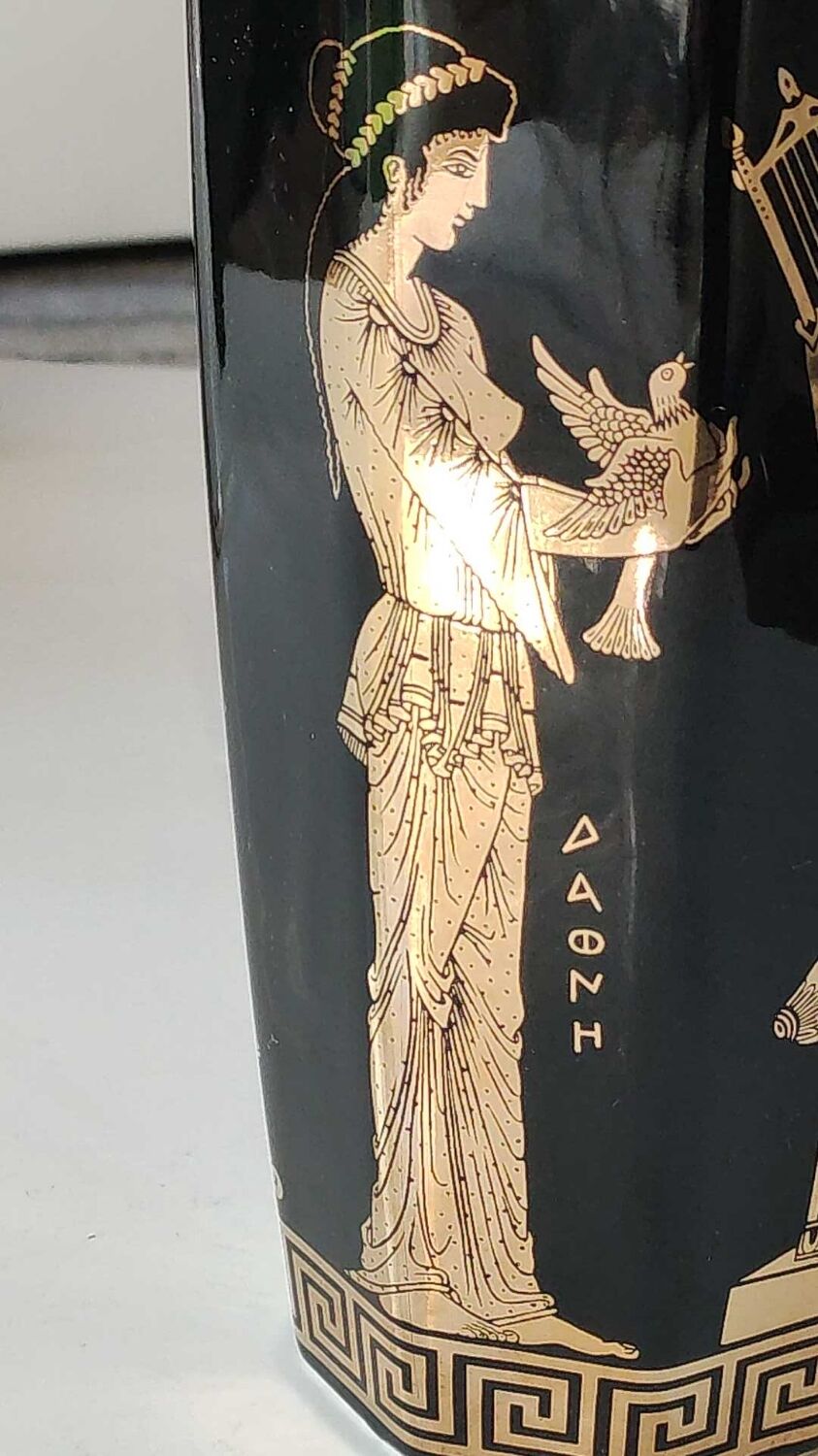 Ancient Greek octagonal vase, tubular porcelain shape. Decoration scenes of life / Gods mythology Greek. Signed ST Handmade in Greece. High 26 cm