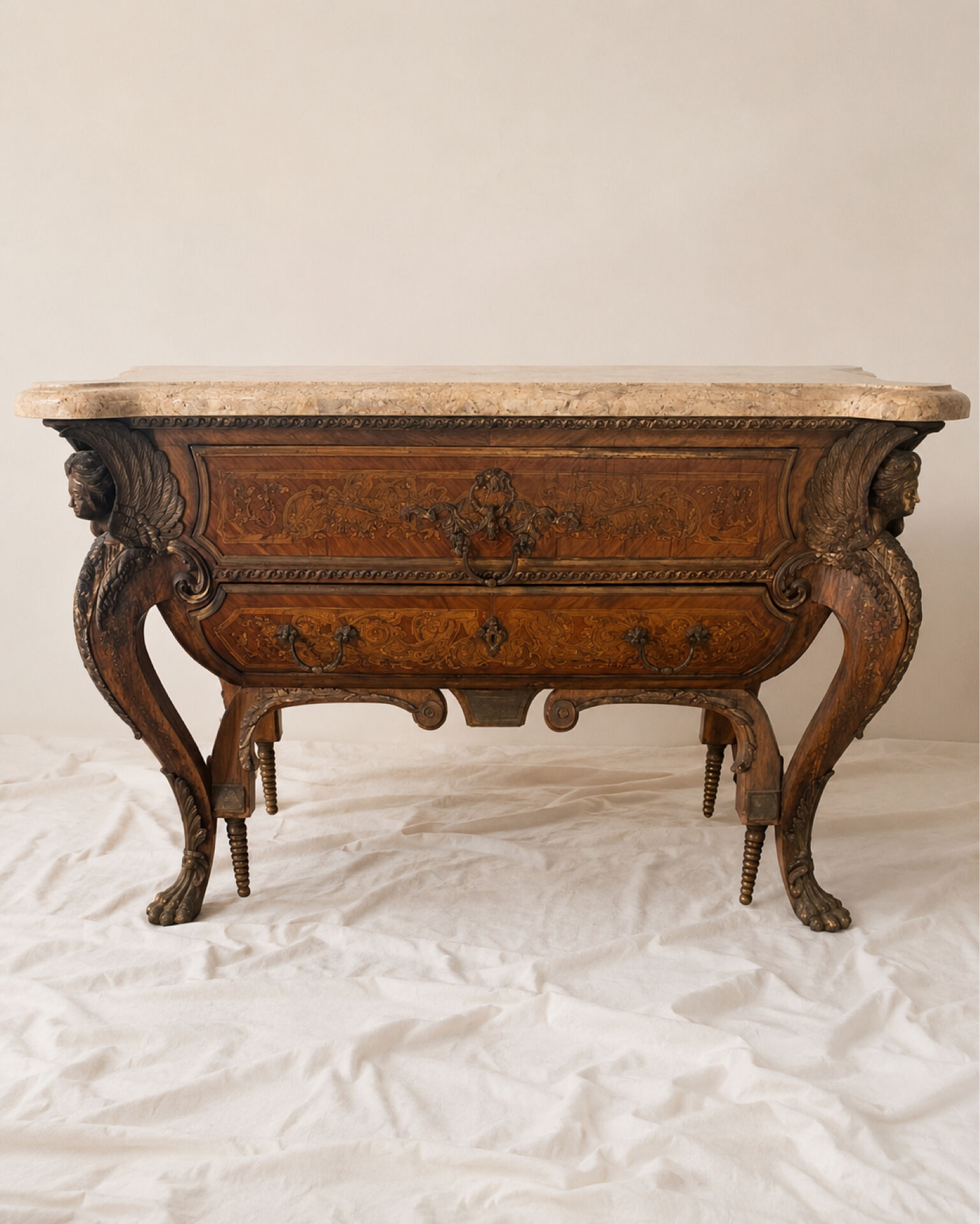 Ornamental commode in marquetry, marble, winged figures - Napoleon III