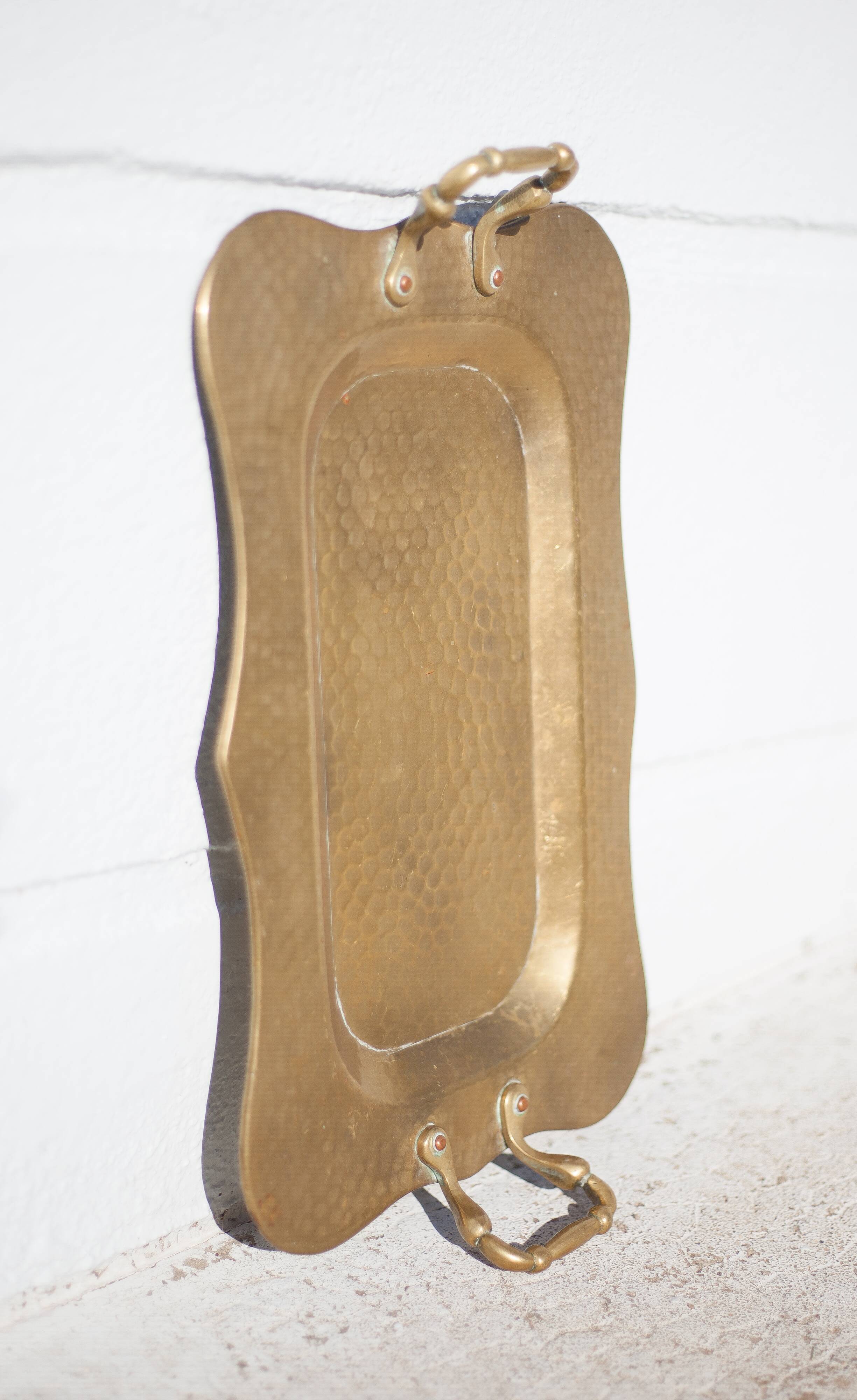 Vintage brass top, E.Roblin Villedieu Manche, handle tray, tableware, hammered top