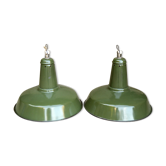 Pair of enameled sheet metal suspension lamp industrial shop green plant