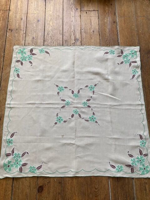 Vintage embroidered tea tablecloth and towels