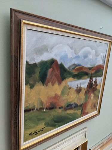 Peinture à l’huile de paysage expressionniste suédoise, encadrée  « Autumn View »