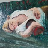 Tableau peinture à l'huile vintage portrait de femme couchée dans l'herbe signé daté