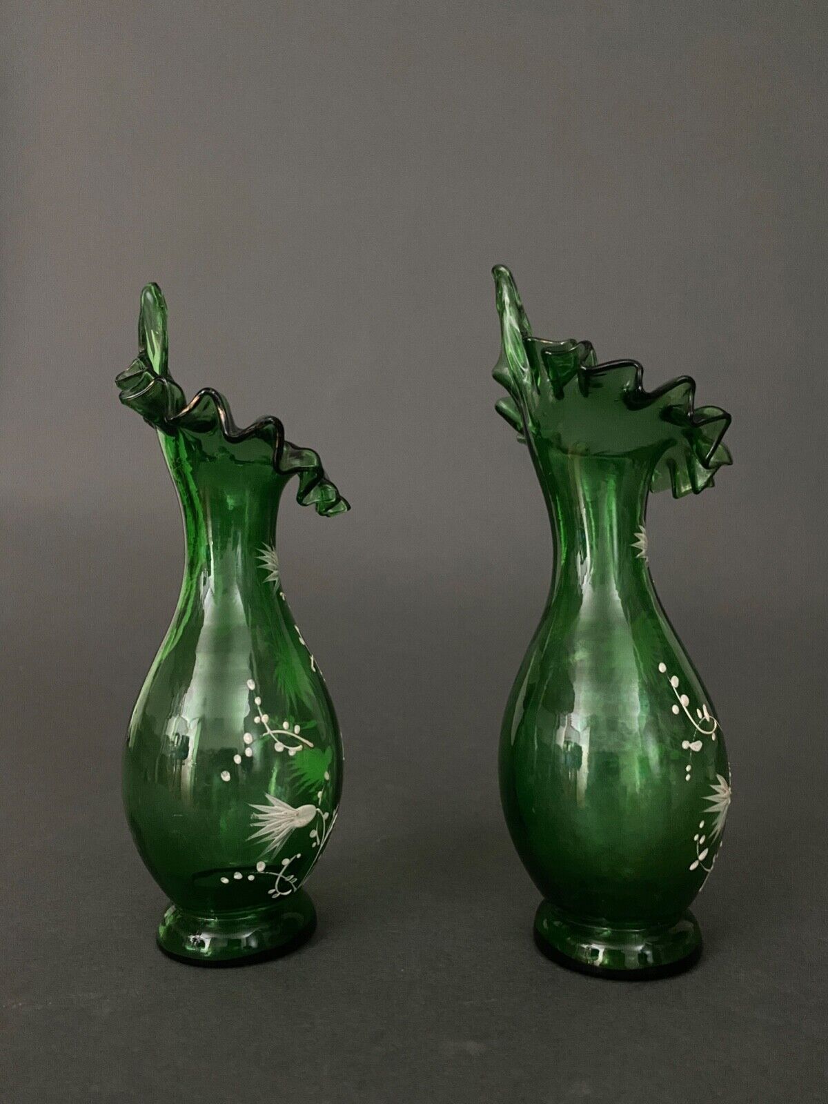Pair of Marie Gregory vases in green floral decoration enamelled 1900