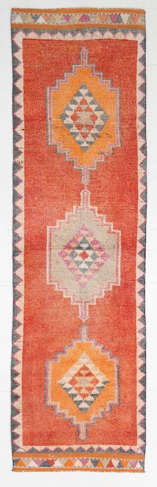 3x11 Burnt Orange Handknotted Hallway Rug, Turkish Vintage Runner Rug