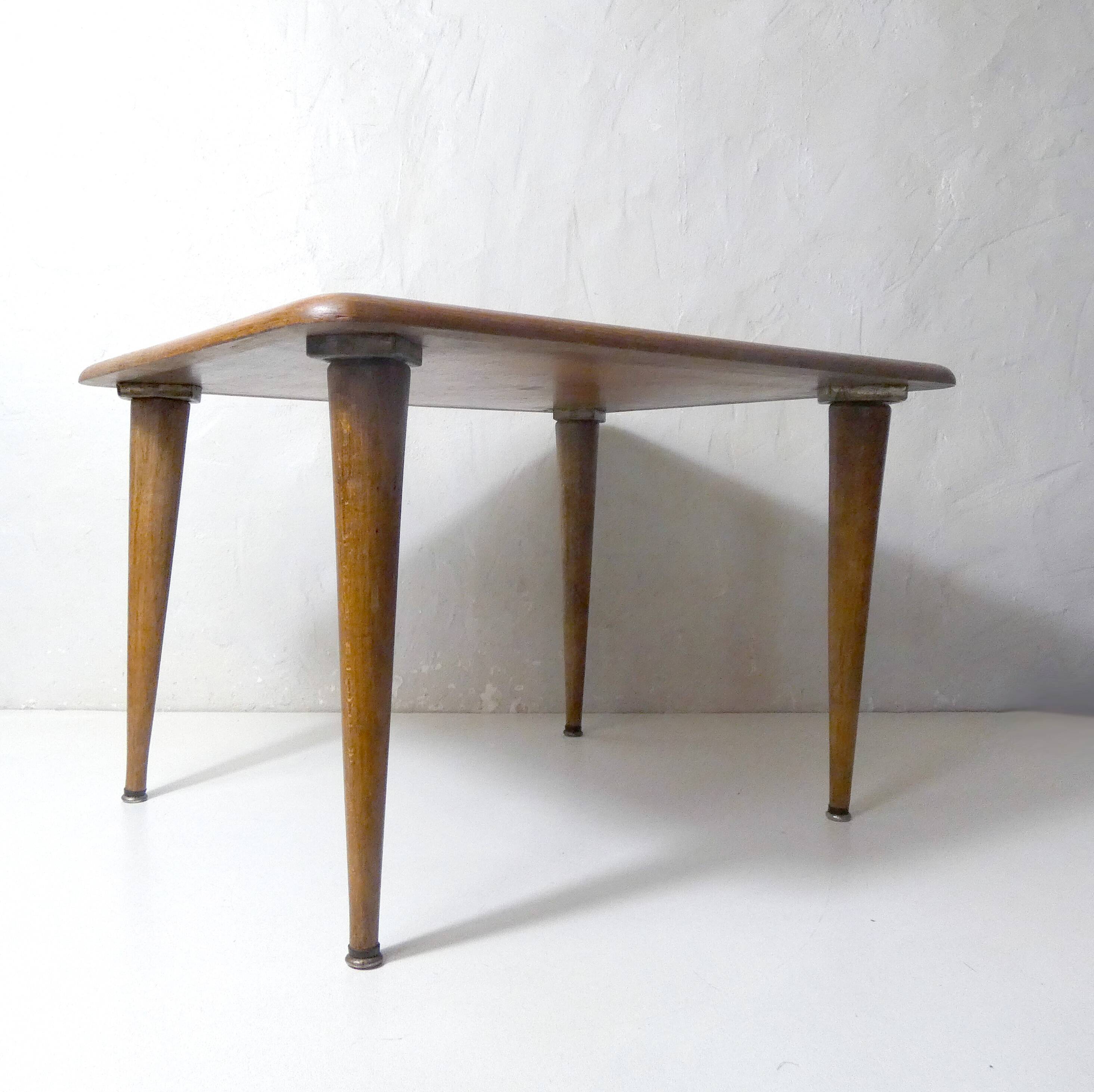 wooden side table with compass legs, 1950s/60s design