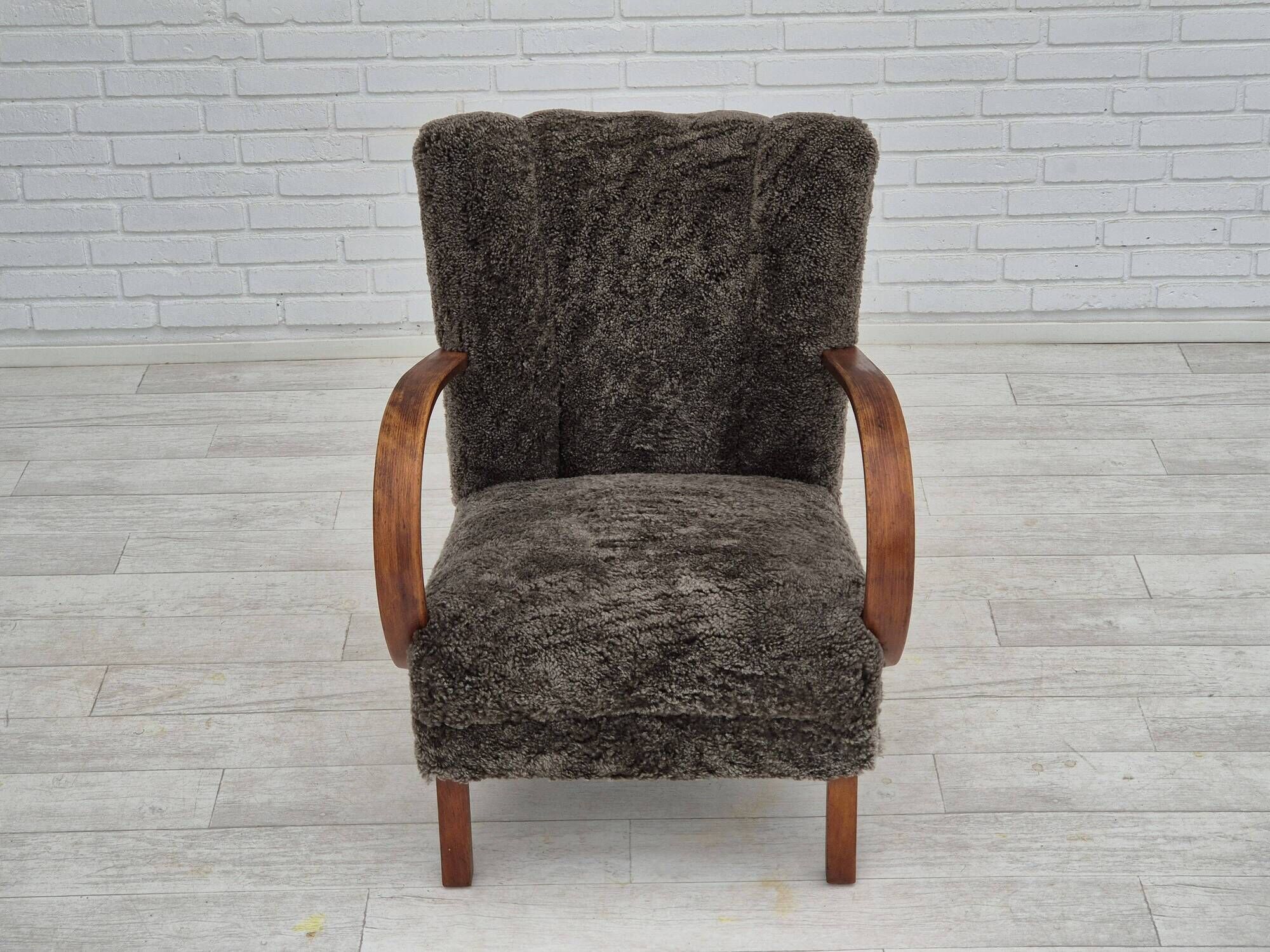 1950s, Danish design, reupholstered armchair, genuine sheepskin "Wellington".