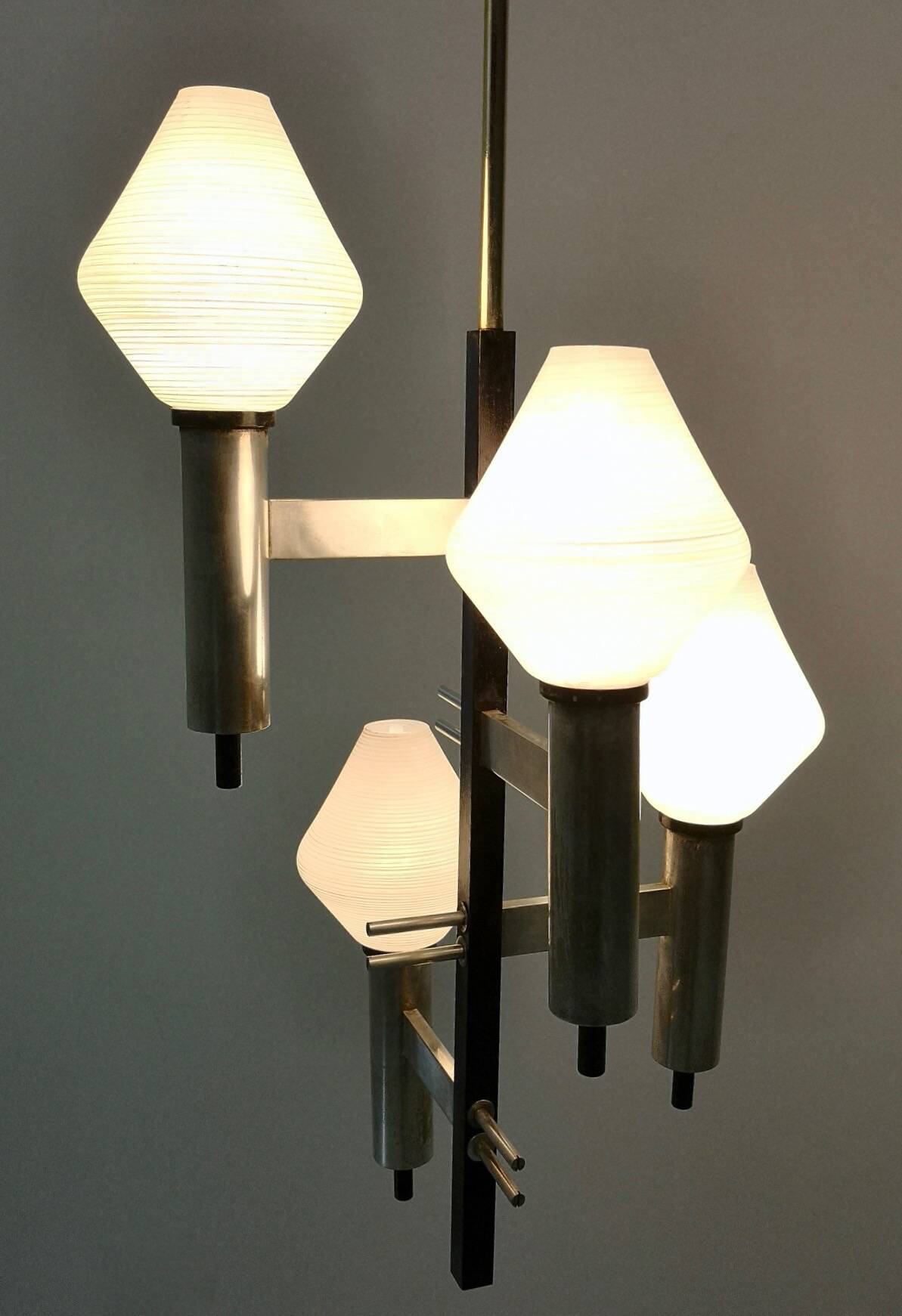 White Encased and Engraved Glass and Brass Chandelier