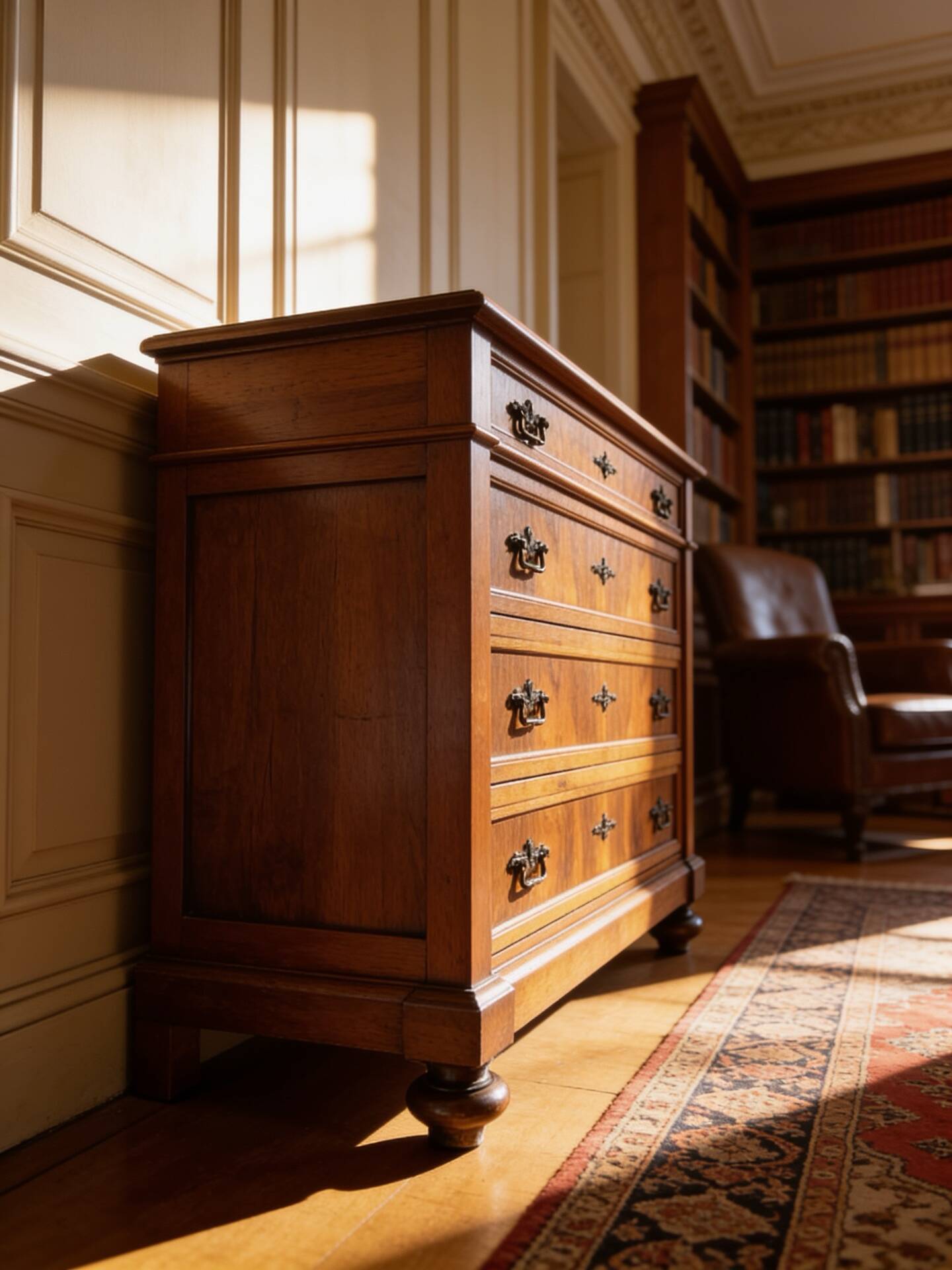 Antique walnut commode with bronze handles in the shape of a lion's mask,