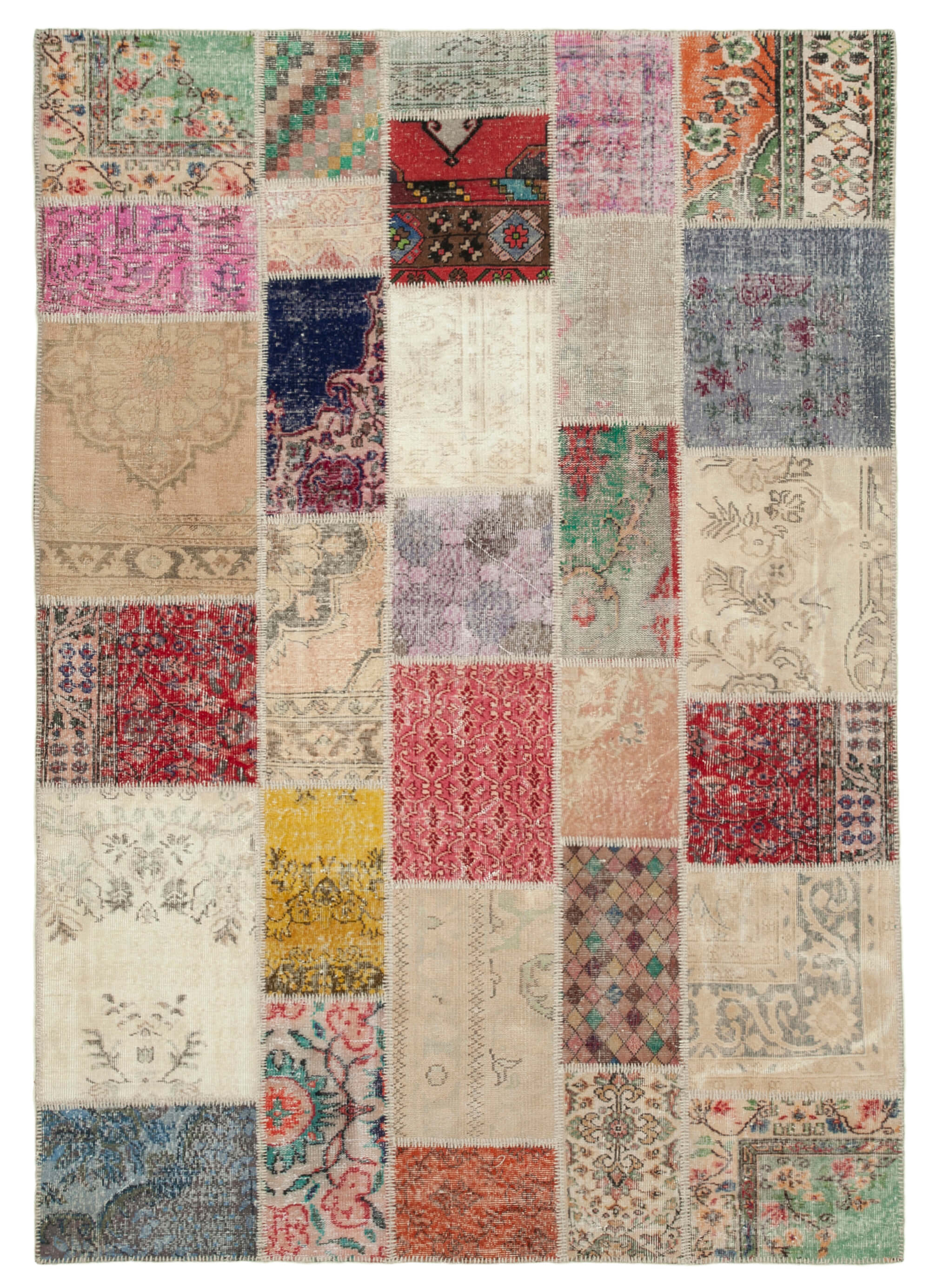 Hand-knotted oriental overdyed 203 cm x 292 cm multicolor patchwork carpet