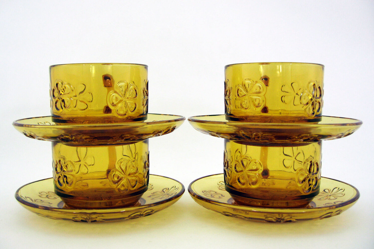 4 large amber yellow glass cups, floral décor, Daisy Vereco France, vintage 70s