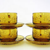 4 large amber yellow glass cups, floral décor, Daisy Vereco France, vintage 70s