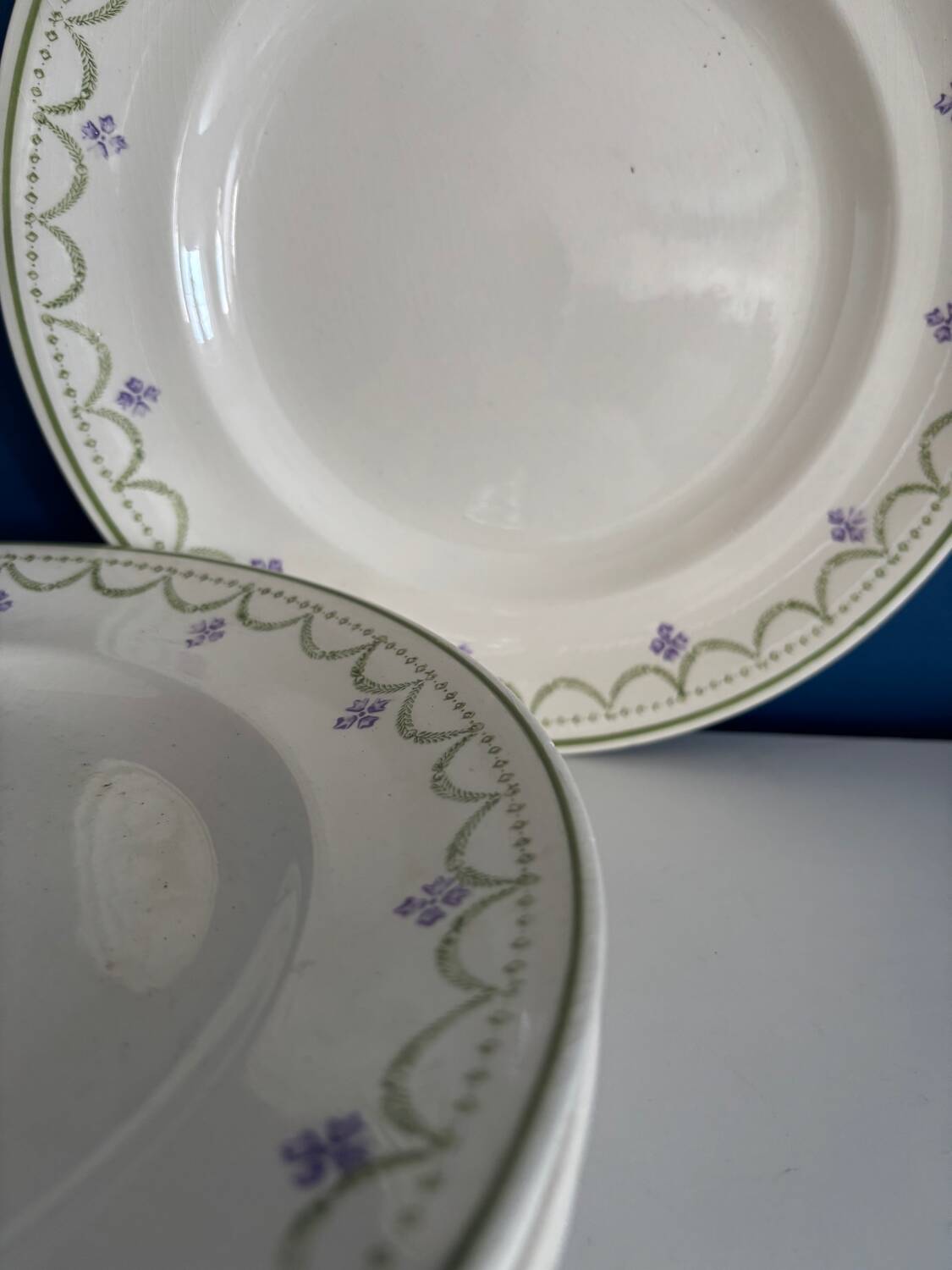 1900s Set of 6 vintage earthenware flat plates, Violetta model by Longwy