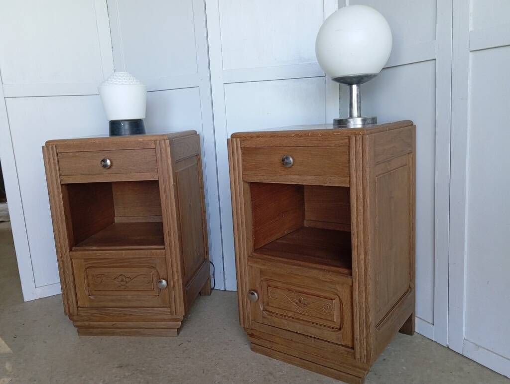 Pair of Art Deco bedside tables in solid oak