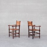 Pair of mid-century oak and rush french armchairs