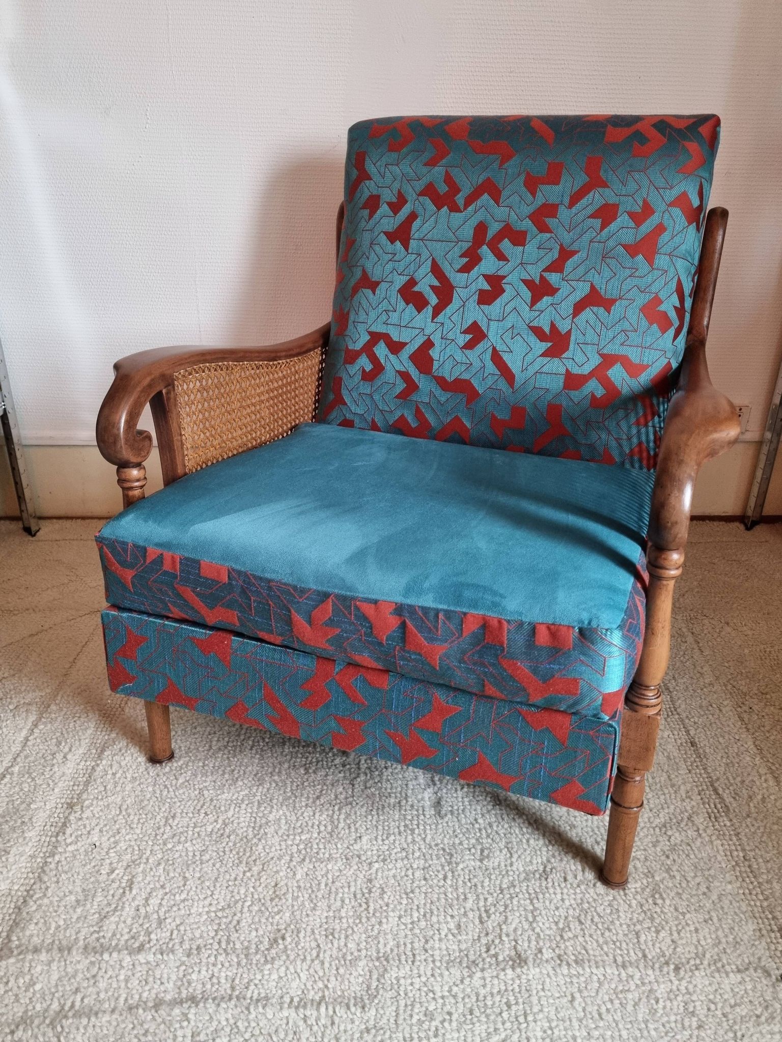 Bridge armchair in wood and cane from the 1950s.