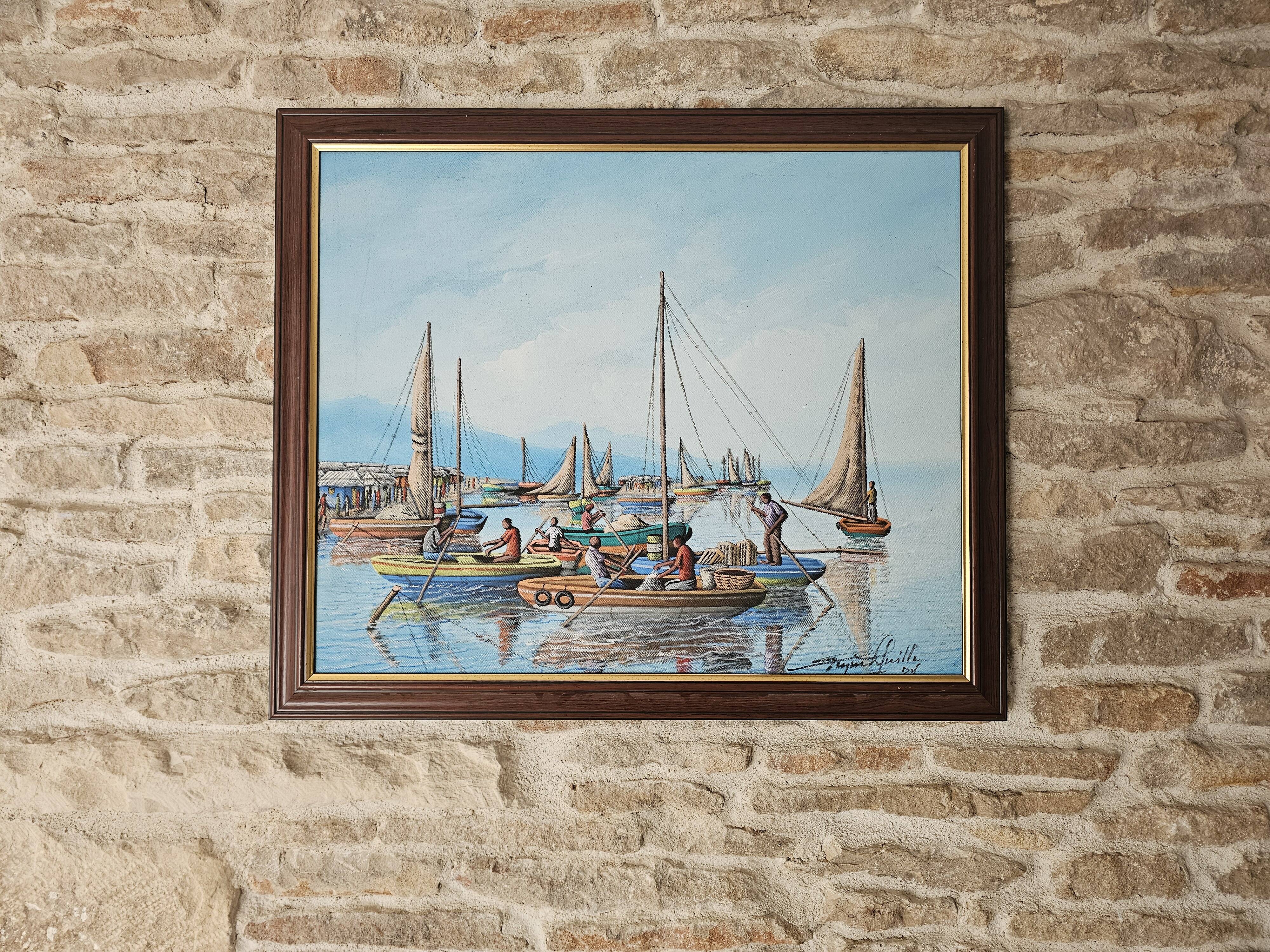 Oil painting on canvas Fishing port in Africa signed Raymond Lafaille