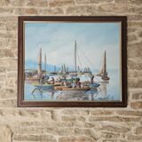 Oil painting on canvas Fishing port in Africa signed Raymond Lafaille