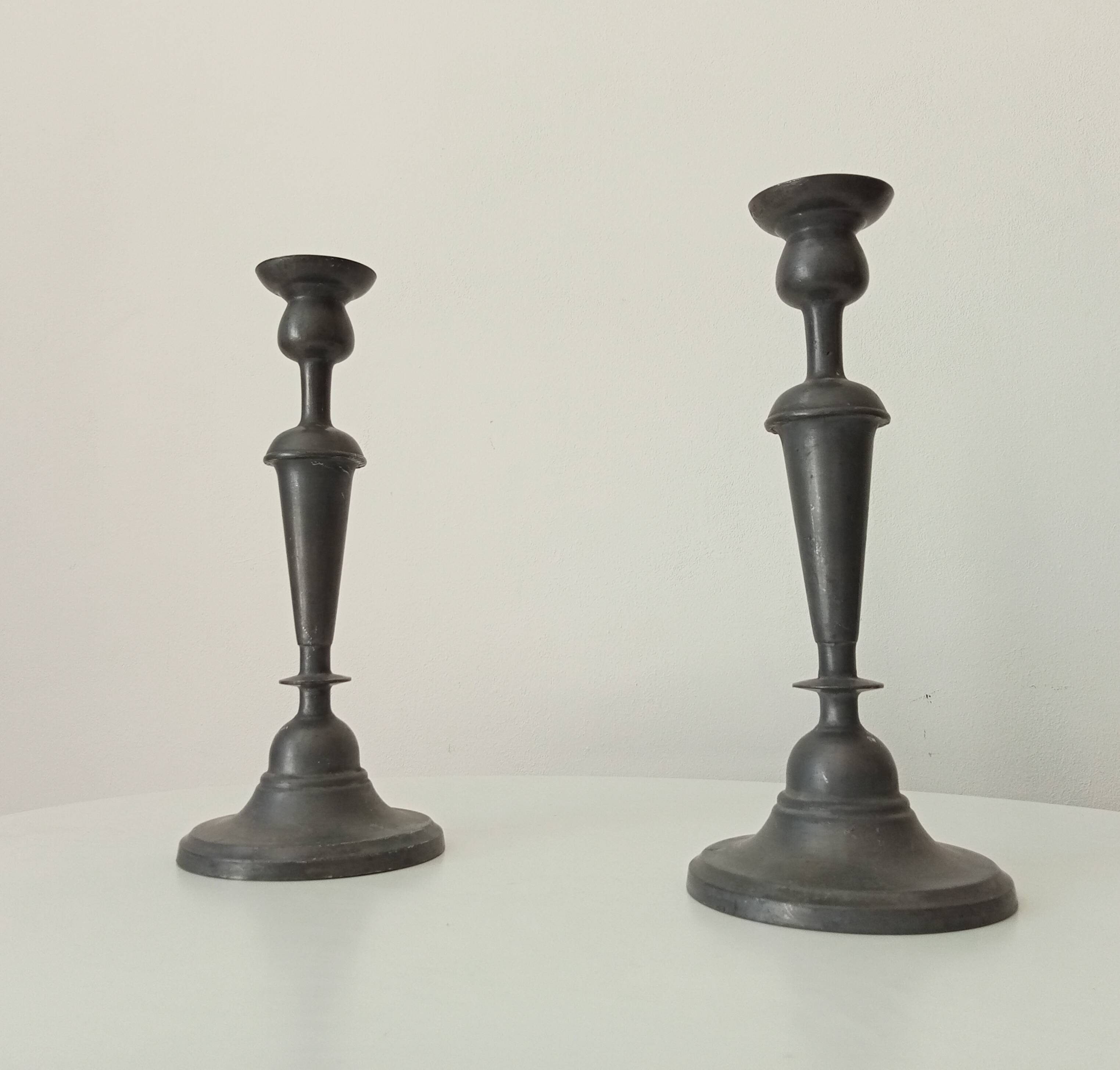Pair of large old candlesticks in solid pewter
