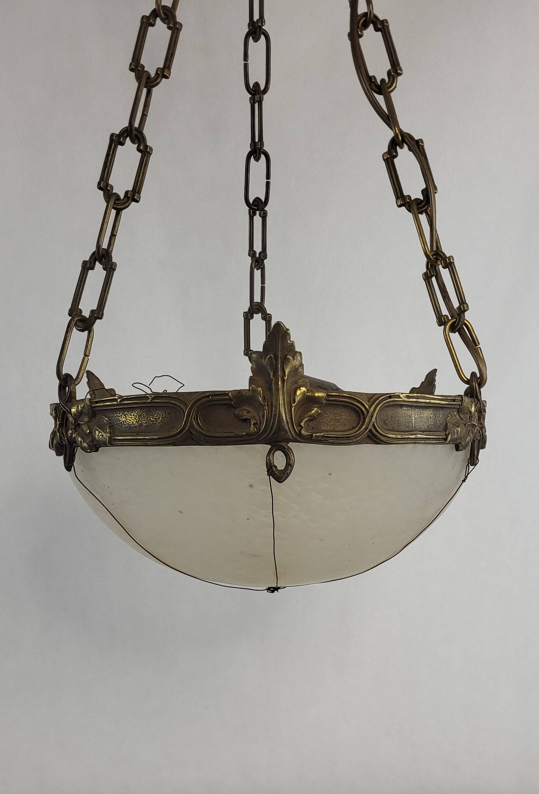 Art Deco pendant light in gilded brass and Clichy glass