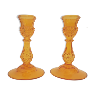 Set of 2 orange glass candle holders