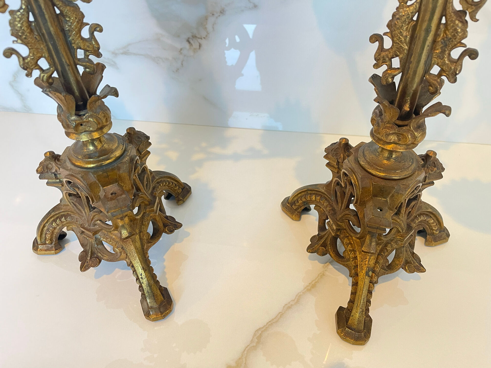 Pair of church candelabra - 19th century - in bronze and brass, 5 lights / c
