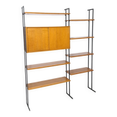 Modulair Omnia wandsysteem, Hilker, teak en zwart staal met legplanken