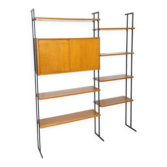 Modulair Omnia wandsysteem, Hilker, teak en zwart staal met legplanken