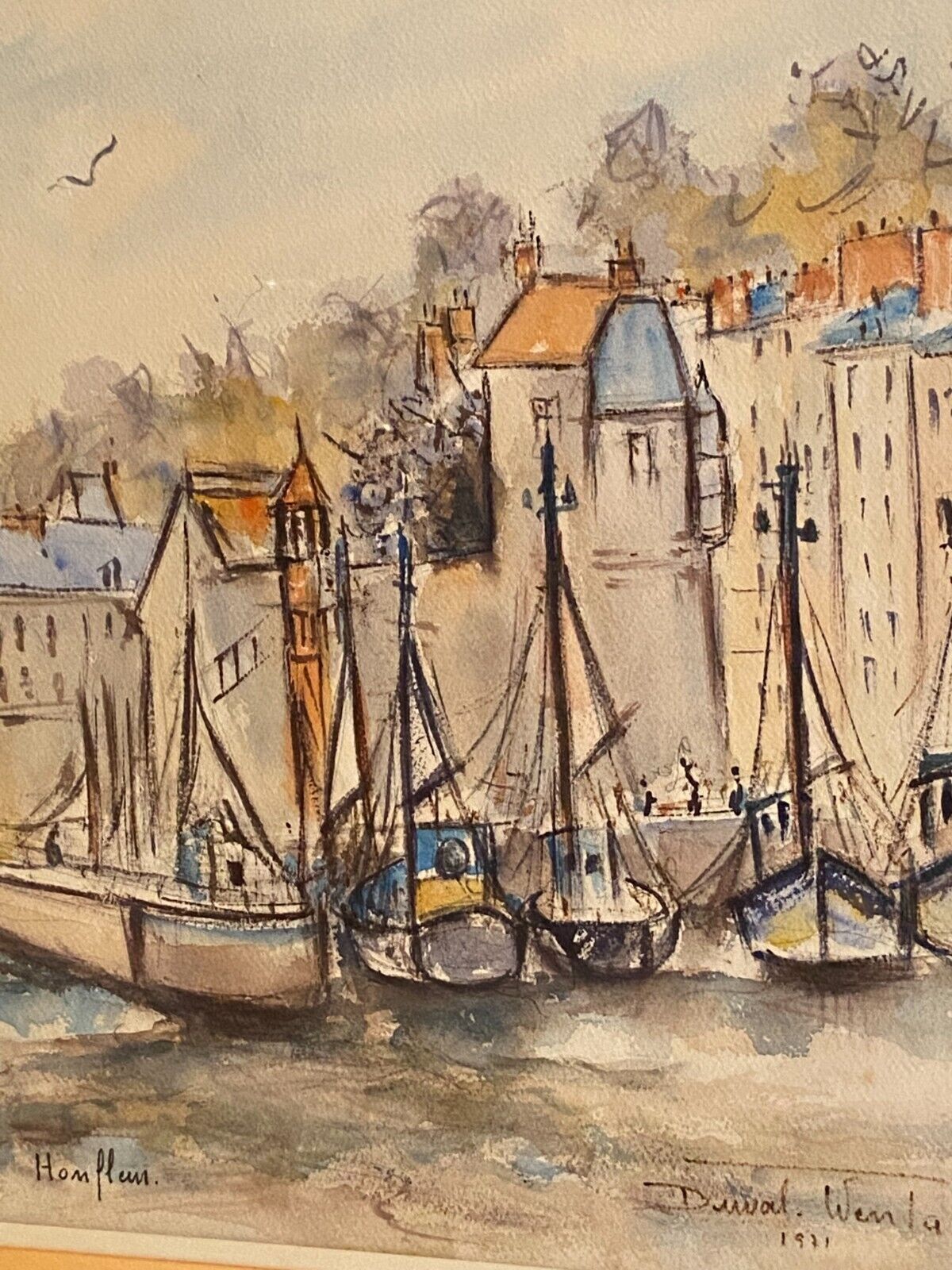 Watercolor signed Simone Duval-Wenta 1934-2015 view of Honfleur