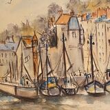 Watercolor signed Simone Duval-Wenta 1934-2015 view of Honfleur