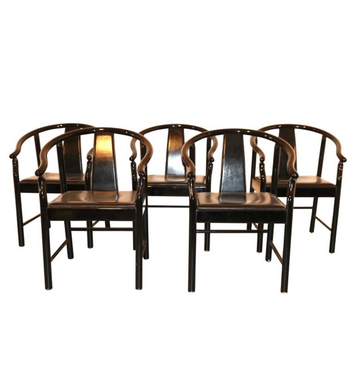 Set of 5 black lacquered leather dining chairs similar to China Chair Wegner