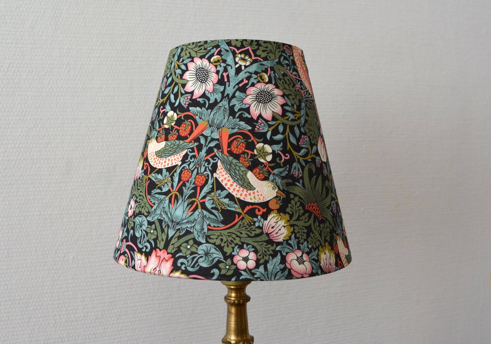 William Morris style lampshade, birds, strawberries, flowers.