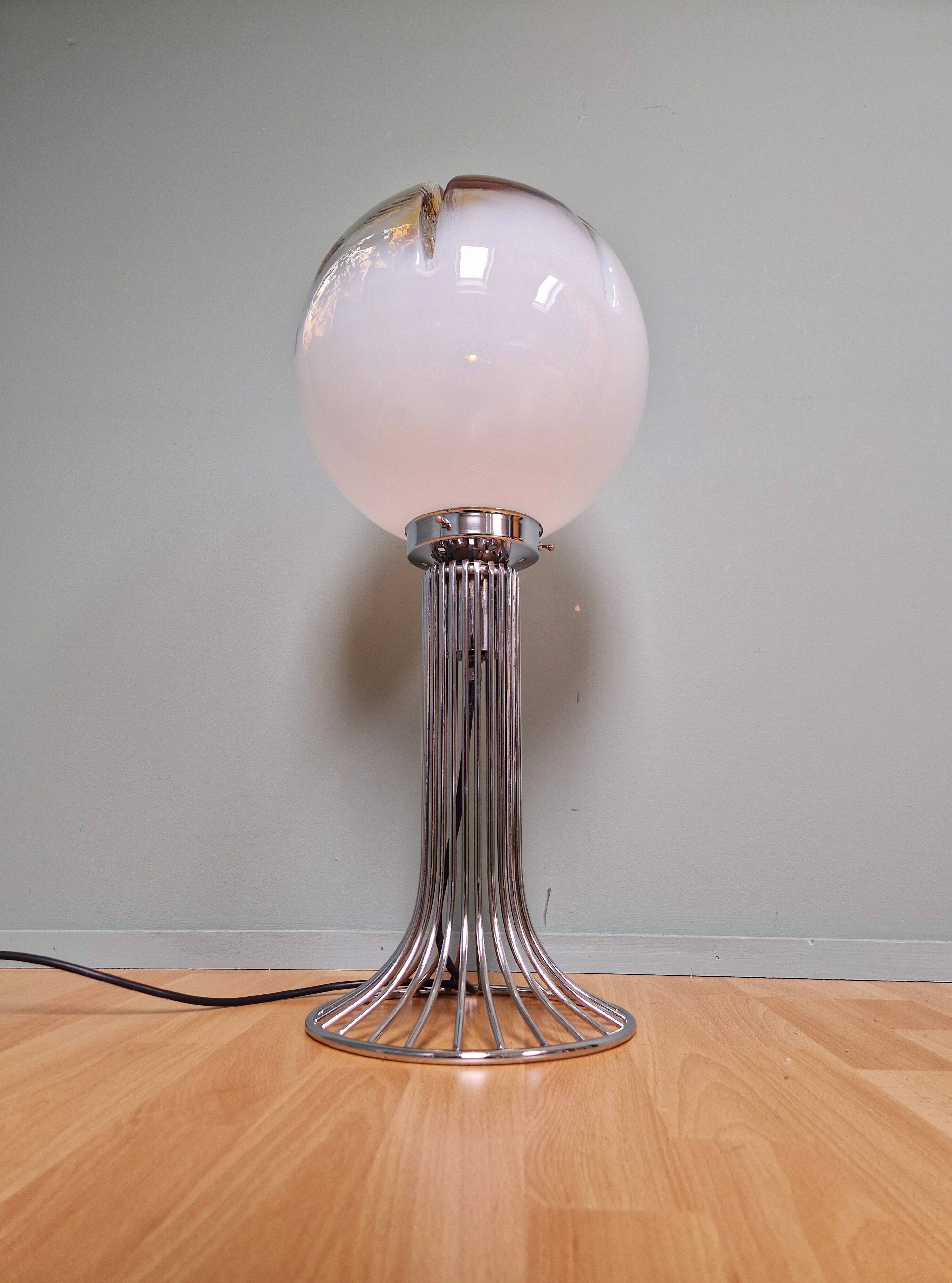 Mazzega floor lamp in chromed metal and milky glass globe, 1960s-70s