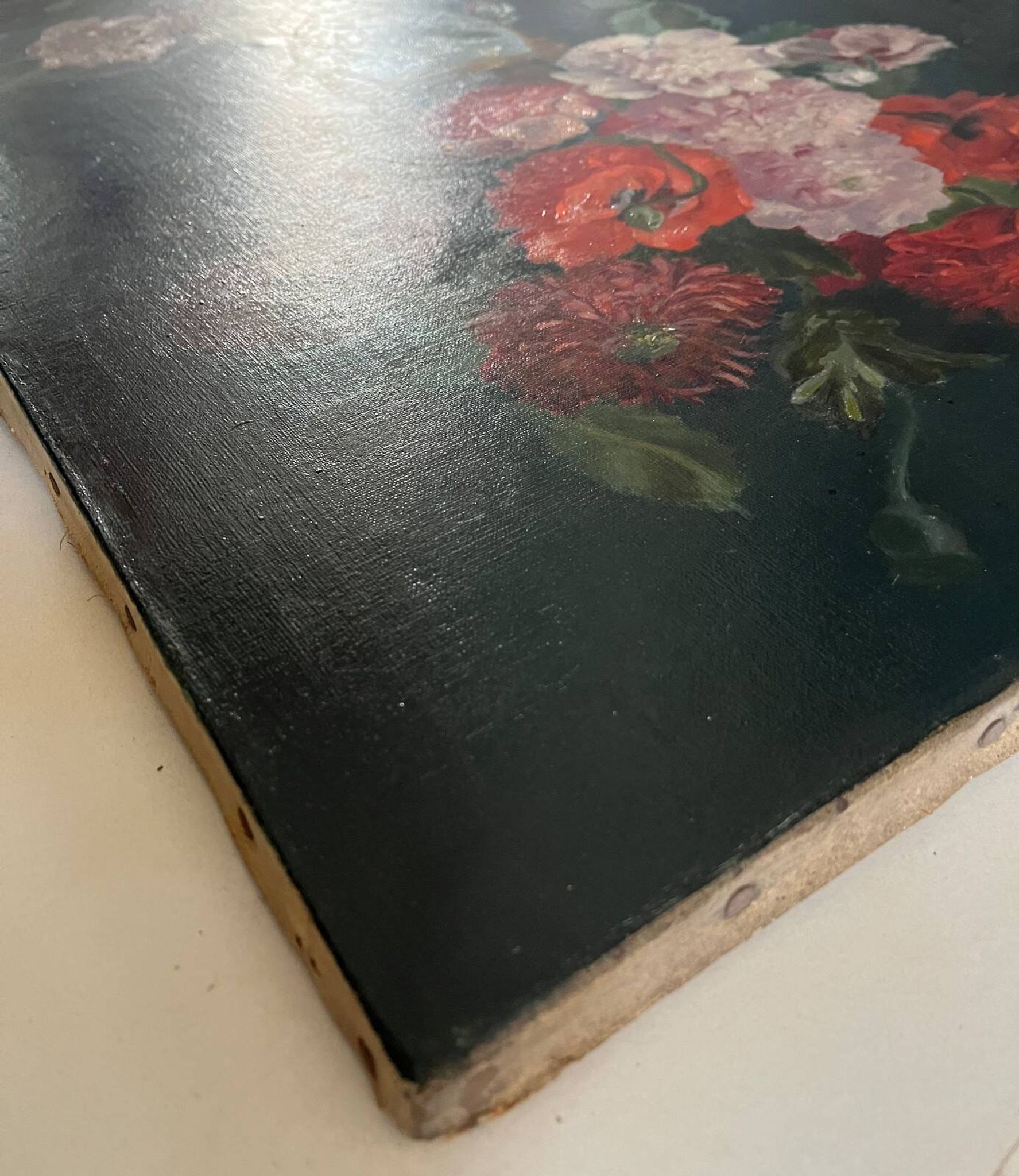 Tableau HST "Bouquet de fleurs sur entablement" signé fin XIX° siècle