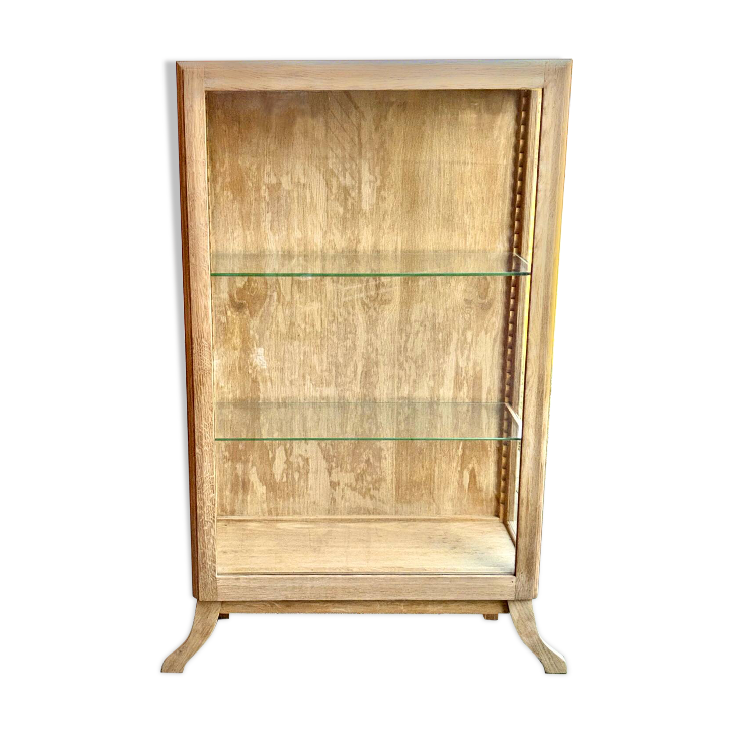 Restored antique oak display cabinet with glass shelves.