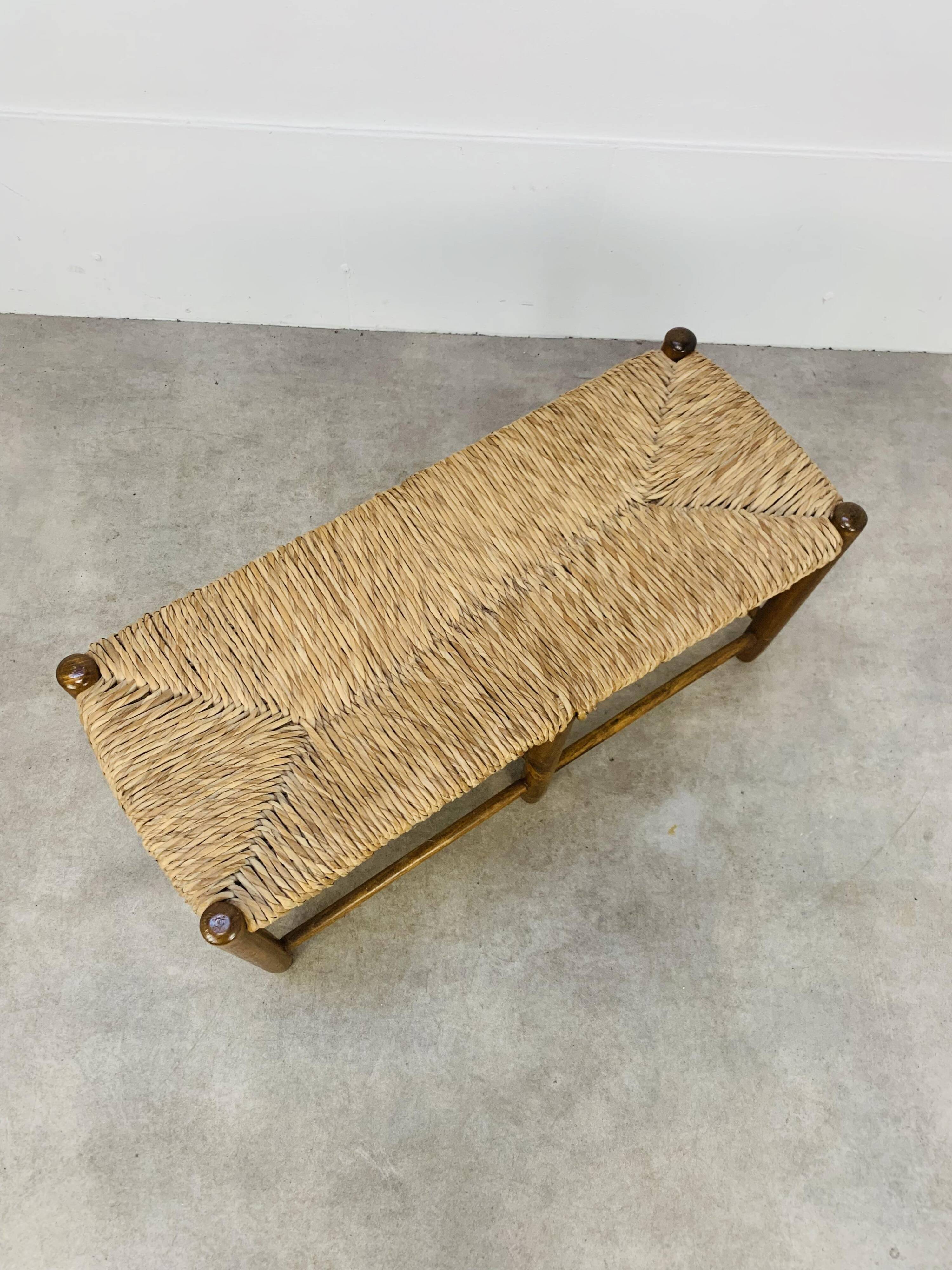 Vintage straw and wood bench, 1960s, country/mountain style