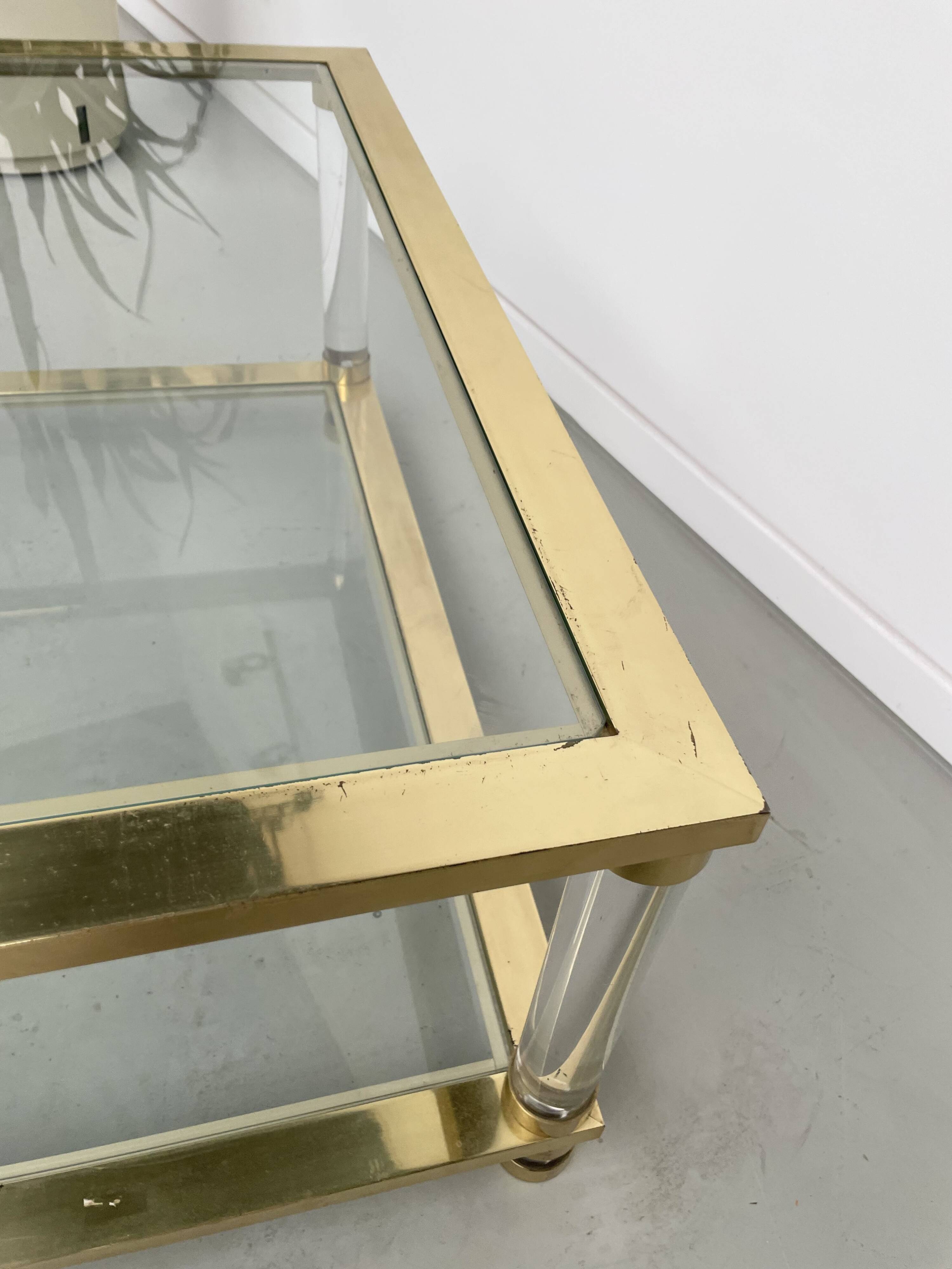 1970s lucite, brass and glass coffee table