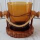 Amber glass and olive wood ice bucket / vintage rope 70s