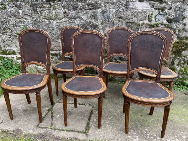 6 chaises de style Louis XVI en hêtre massif et cuir de Cordoue, 1900
