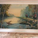 Ancien tableau huile sur panneau p. foy chasse à cour + cadre bois blanc vintage