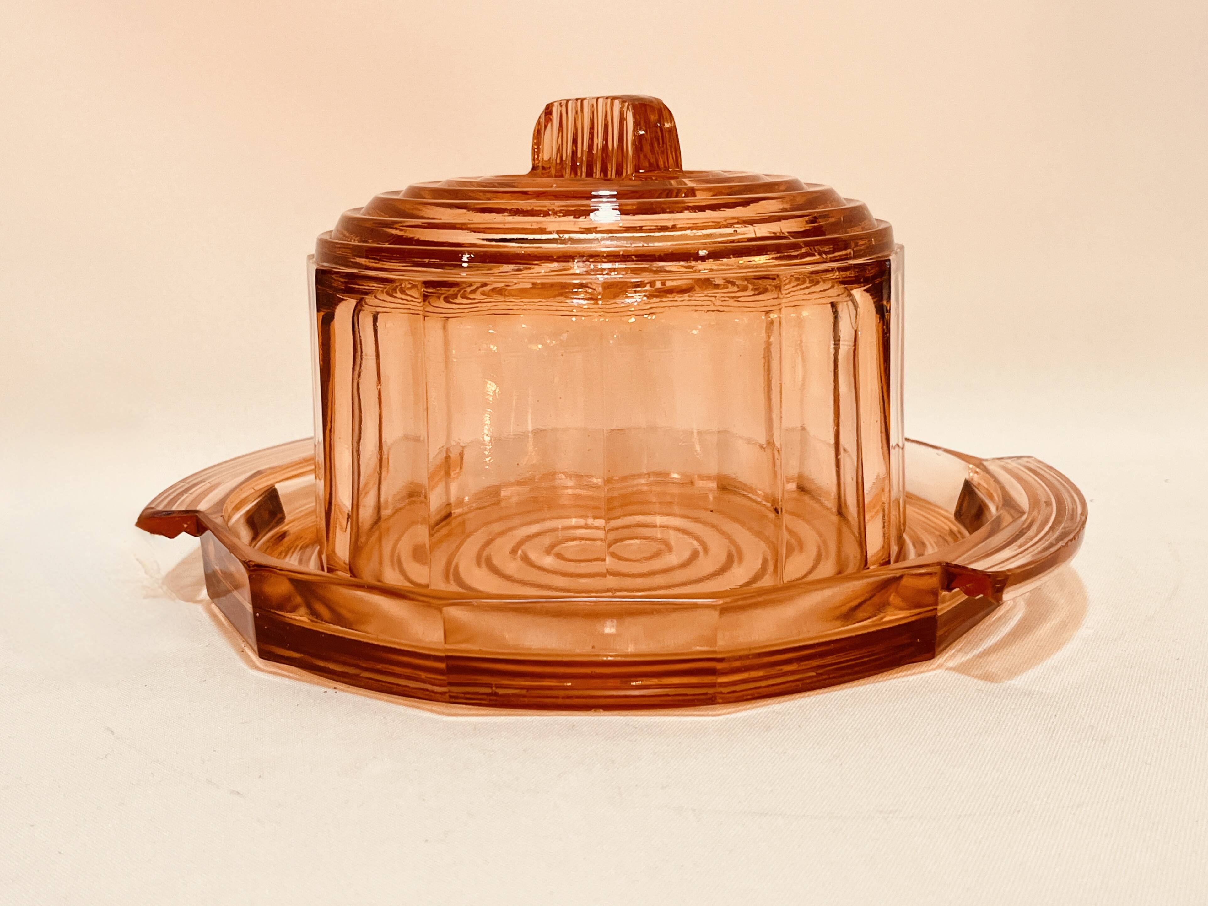 Rosaline pink glass bell and 1930s Art Deco cheesecake tray