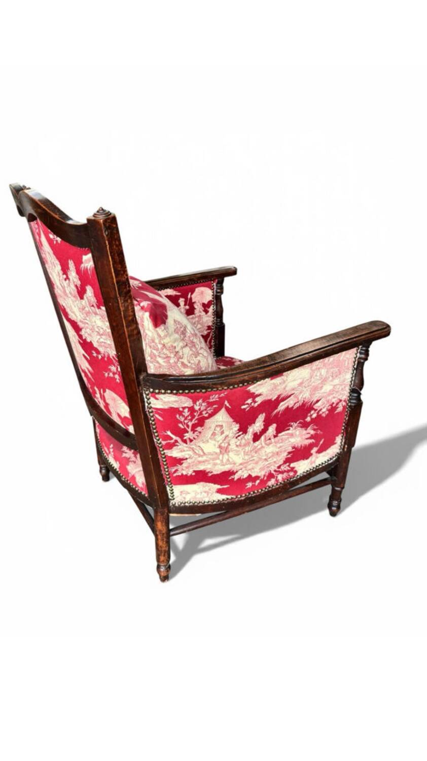 Antique armchair from around 1900, solid wood – red toile de Jouy.