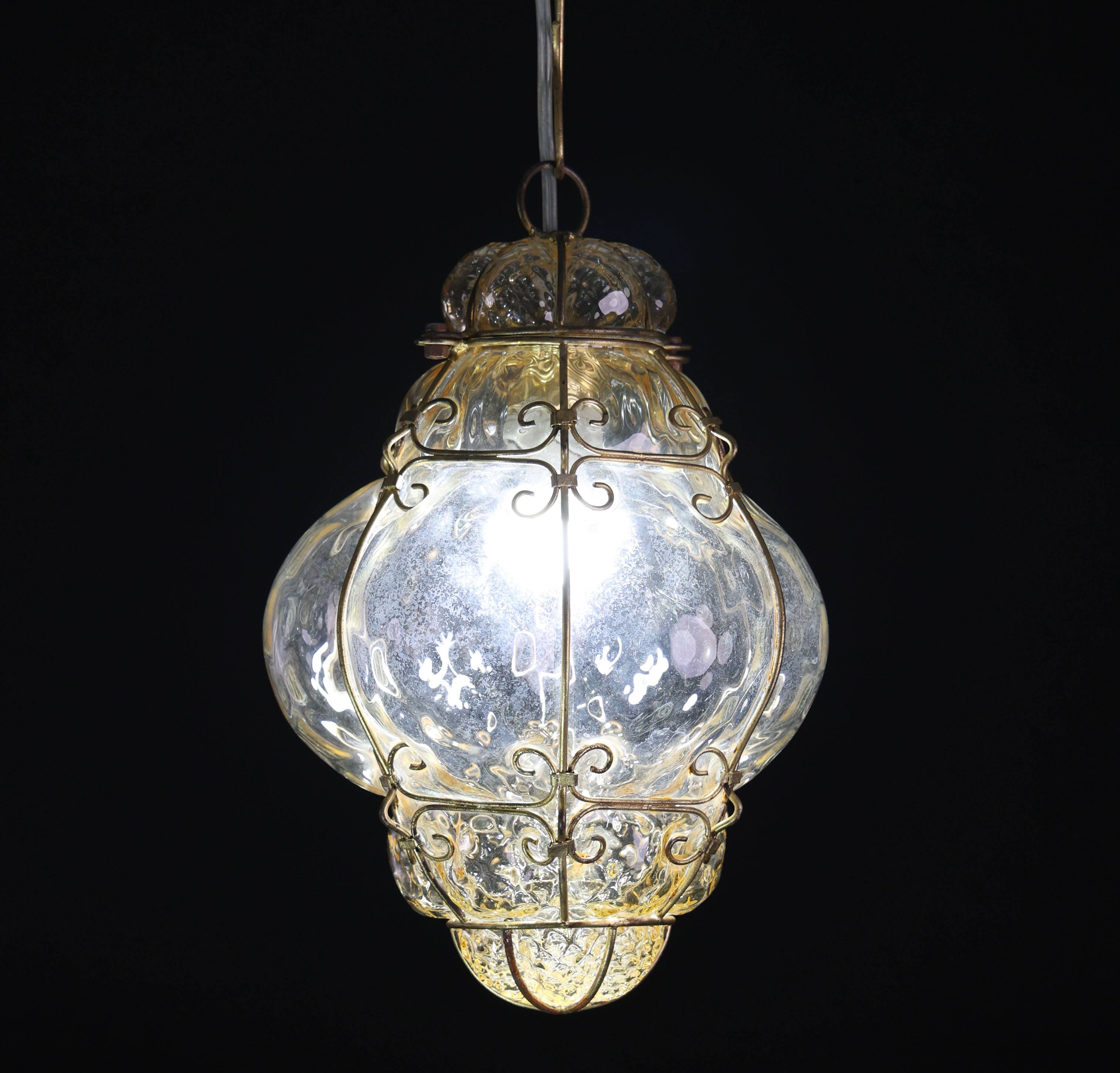 Set of 2 Wonderful Amber Vintage Venetian Lantern, Murano Glass, Italy, 1950s