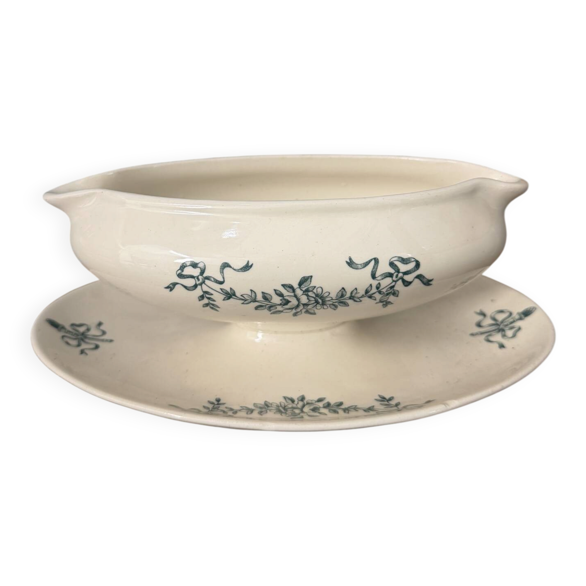 Antique sauce boat in Longchamp faience with its underplate – glazed decoration.